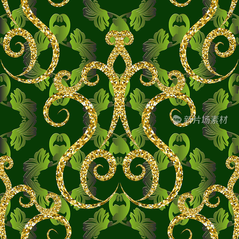 Gold glittery vintage 3d vector seamless pattern. Dark green ornamental floral background. Baroque style leafy repeat backdrop. Golden glitters, flowers, lines, swirls, curves. Ornate luxury design